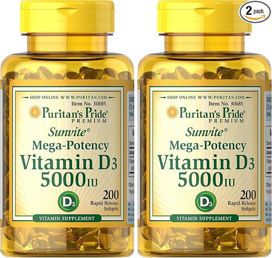 Puritan's Pride Vitamin D3 5,000 IU Bolsters Immunity for Immune System Support and Healthy Bones and Teeth Softgels, Packaging May Vary, Unflavored, 200 Count (Pack of 2)
