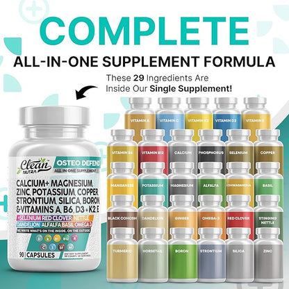 Clean Nutraceuticals Calcium Magnesium Zinc Supplement with Potassium, Copper, Strontium, Silica, Vitamin D3 K2, Boron, Vitamin B1 B12 Red Clover Herb Alfalfa Basil Pills for Men & Women Osteo Defend