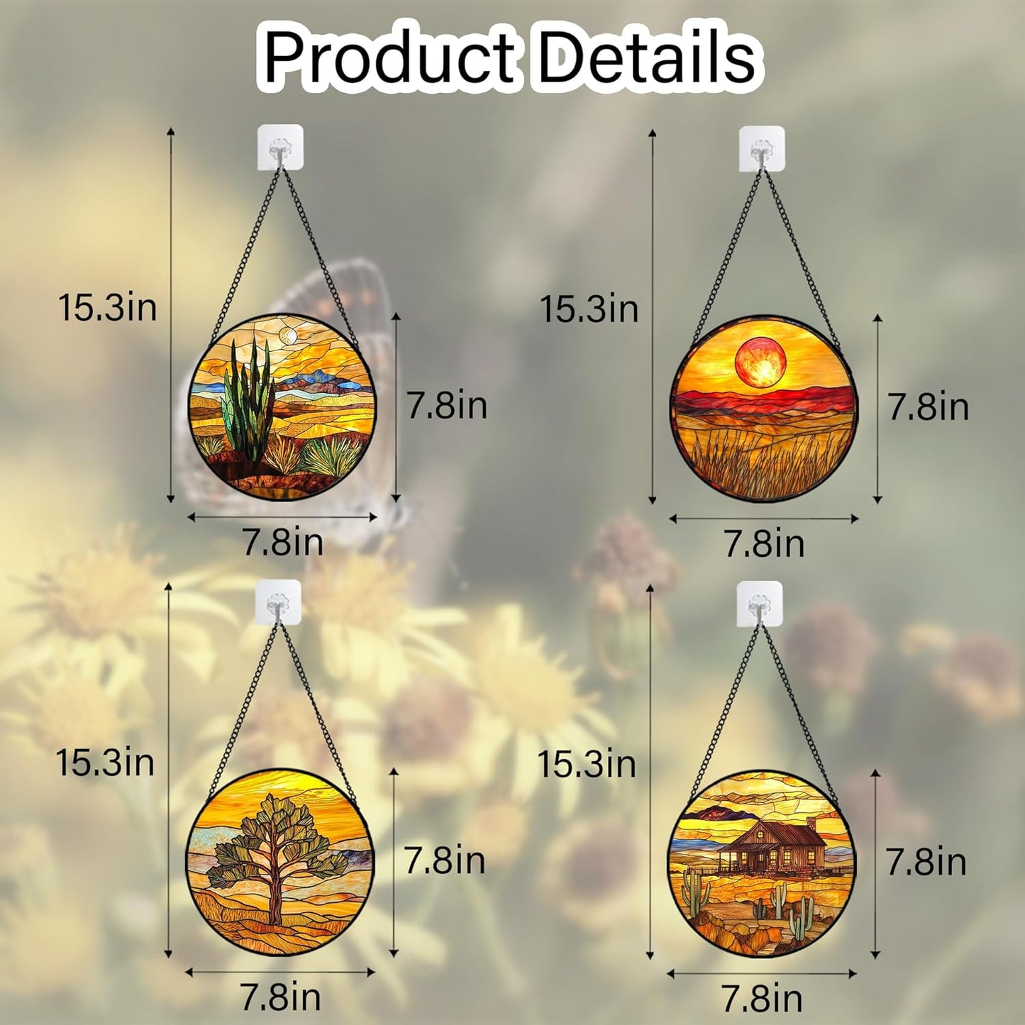 Stained Glass Window Hanging 4 Pcs Set Desert Sunset Theme Landscape 7.8" - Suncatcher Door Garden Sun Catcher Decor Birthday Christmas for Mom Woman Nana Men