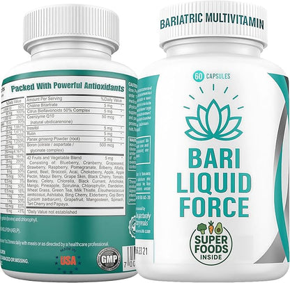 Bari Liquid Force One a Day Bariatric Multivitamin with Iron – Rapid Absorption Gel Caps for Gastric Sleeve, Bypass, Duodenal Switch – Superfood Blend - Bariatric Must Haves for Women & Men
