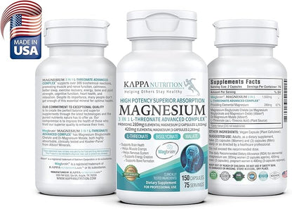 Kappa Nutrition Magbrain™ Magnesium L-Threonate Plant-Based, 420mg Elemental Magnesium (3 Capsules) from 2,253mg, 150 Vegan Capsules, Brain, Sleep & Muscle Support.