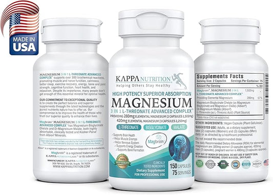 Kappa Nutrition Magbrain™ Magnesium L-Threonate Plant-Based, 420mg Elemental Magnesium (3 Capsules) from 2,253mg, 150 Vegan Capsules, Brain, Sleep & Muscle Support.