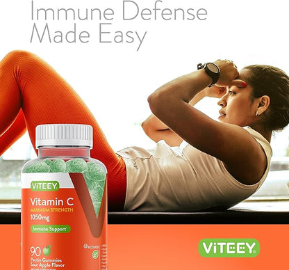 Viteey Vitamin C Gummies for Adults & Teens, 1050mg Maximum Strength - Immune Support Gummies - Immune Booster - Vegan, Gelatin Free-Tasty Vitamin C Chewable Sour Apple Flavored Gummy-90 Count