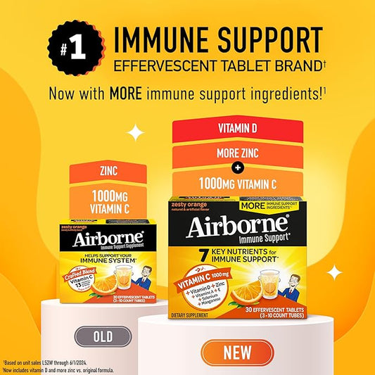 Airborne 1000mg Vitamin C with Vitamin D & Zinc, Sugar Free Multivitamin Immune Support Supplement, Antioxidants Vitamins A C & Vitamin E, 30 Effervescent Tablets, Zesty Orange Flavor