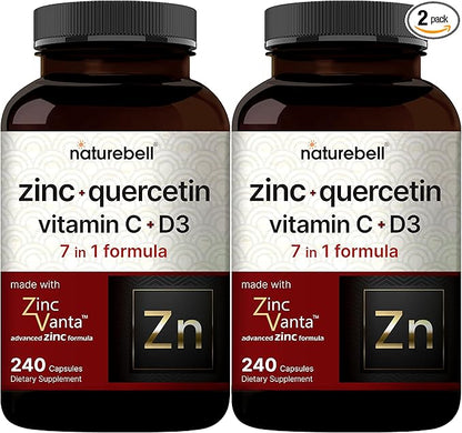 NatureBell Zinc Quercetin with Vitamin C & D3, 480 Capsules (2 Pack) | Quercetin 1,000mg + Zinc 50mg + Vitamin C 250mg + Vitamin D3 5,000 IU | 4-in-1 Advanced Immune & Lung Support | ZincVanta Formula