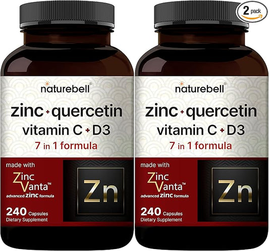 NatureBell Zinc Quercetin with Vitamin C & D3, 480 Capsules (2 Pack) | Quercetin 1,000mg + Zinc 50mg + Vitamin C 250mg + Vitamin D3 5,000 IU | 4-in-1 Advanced Immune & Lung Support | ZincVanta Formula