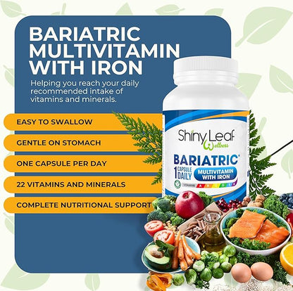 Shiny Leaf Bariatric Multivitamin with Iron - 45 mg for Gastric Bypass, Sleeve Gastrectomy, Roux-en-Y, Duodenal Switch - 22 Vitamins & Minerals, ASMBS Compliant, Vegetarian, Made in USA, GMP, 30 Ct.