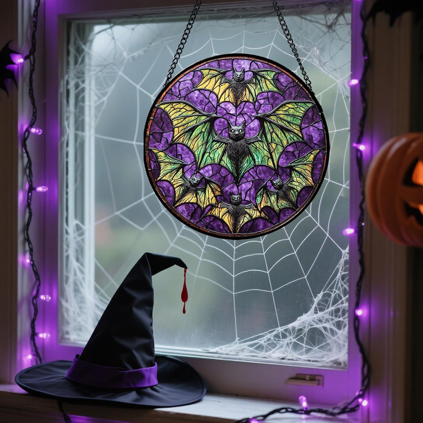 Stained Glass Window Hanging - Halloween Decorations Bats Suncatcher for Doors Garden Indoor Spooky Funny Purple Sun Catchers Gothic Decor Horror Gifts for Women Men Friend 11.8 in