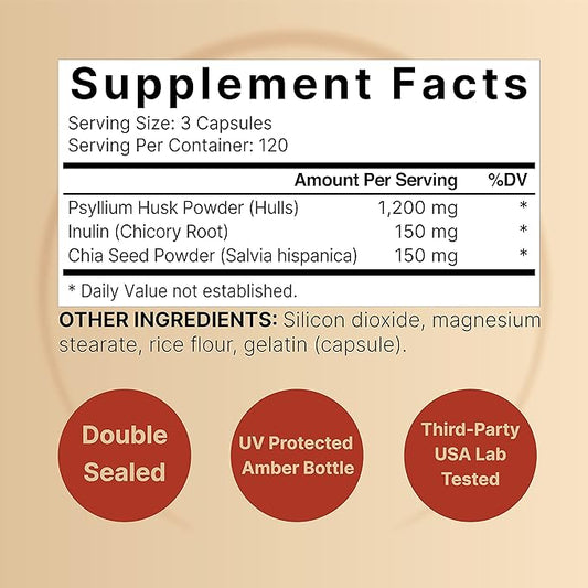 NatureBell Psyllium Husk Fiber Supplement, 1,500mg Per Serving, 360 Capsules | with Inulin & Chia Seed | Organic Soluble Fiber for Digestive & Gut Health | Plant-Based, Non-GMO, Gluten-Free