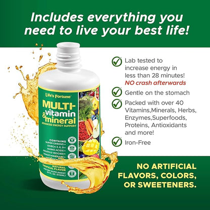 Life's Fortune Liquid Multivitamin for Adults Men & Women, Teens – High Absorption Daily Vitamins – Trace Minerals, Amino Acids with Biotin, L-Arginine, Potassium – Tropical Flavor, Sugar Free, 32 oz