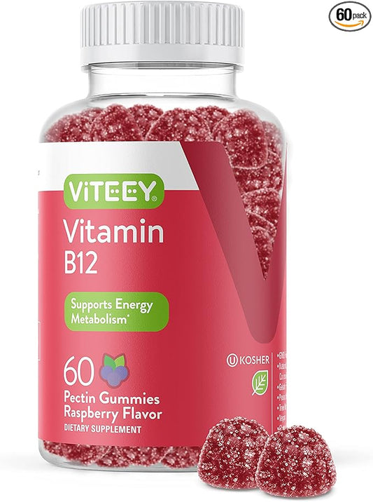 Viteey Vitamin B12 Gummies for Adults & Teens 1000mcg - Good for Energy, Metabolism, Natural Energy, Immune System Support - Vegan, Gelatin Free, Gluten Free - Tasty Chewable Raspberry Flavored Gummy