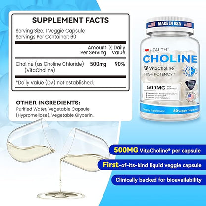 Award Winner -Clinically Dosed 500mg VitaCholine ® - 60 Caps - Liquid Choline Supplement –Support Pregnancy & Baby Brain & Liver Health LDL & HDL Level - Cognitive Health - Made in USA