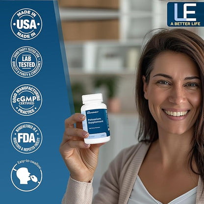 Life Enhancement High Absorption Potassium Supplement for Muscle, Brain & Bone Health - No Additives High Potency Elemental Potassium Supplement is Made in USA (240 Capsules – 120 Servings)