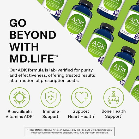 MD.LIFE A D K Vitamin Supplement - Vitamin D3 K2 and A - 60 Capsules - Bone Health and Heart Health Support – High Potency Vitamin ADK Supplement - ADK Complex