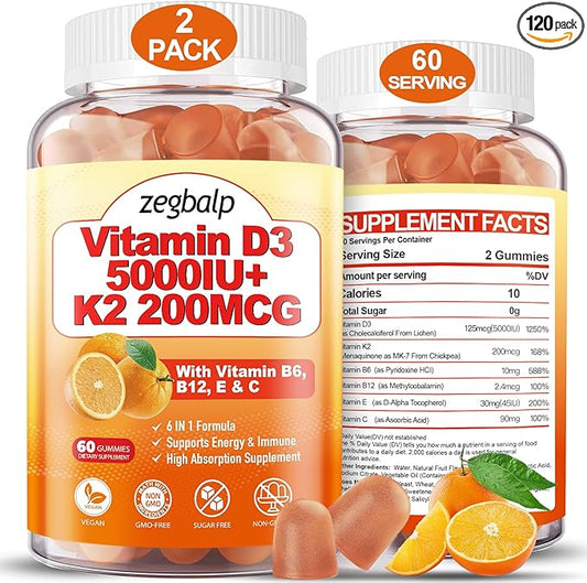 2Packs Vitamin D3 K2 Gummies for Adults, Sugar-Free Vitamin D3 5000IU + K2(MK-7) 200mcg Supplement with Vitamin B Complex & Vitamin C E Supports Bone, Muscle, Teeth & Immune, Vegan, Gluten Free