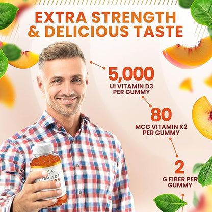 Vitamin D3 10000 IU & Vitamin K2 Gummies - Extra Strength, Sugar-Free, High Absorption - Bone, Joint, Immune, Heart, Brain & Mood Support - Non-GMO, Gluten-Free, Fiber-Based with Prebiotics, 30 Count