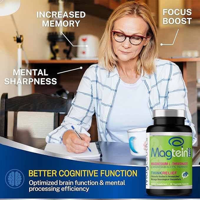 MagteinPRO - Magnesium L-Threonate & Mag Acetyl Taurinate Supplement, Memory, Sleep & Brain Health Formula for Men & Women, Cognitive Support for Adults, Clinically Studied- 90 Veg Capsules