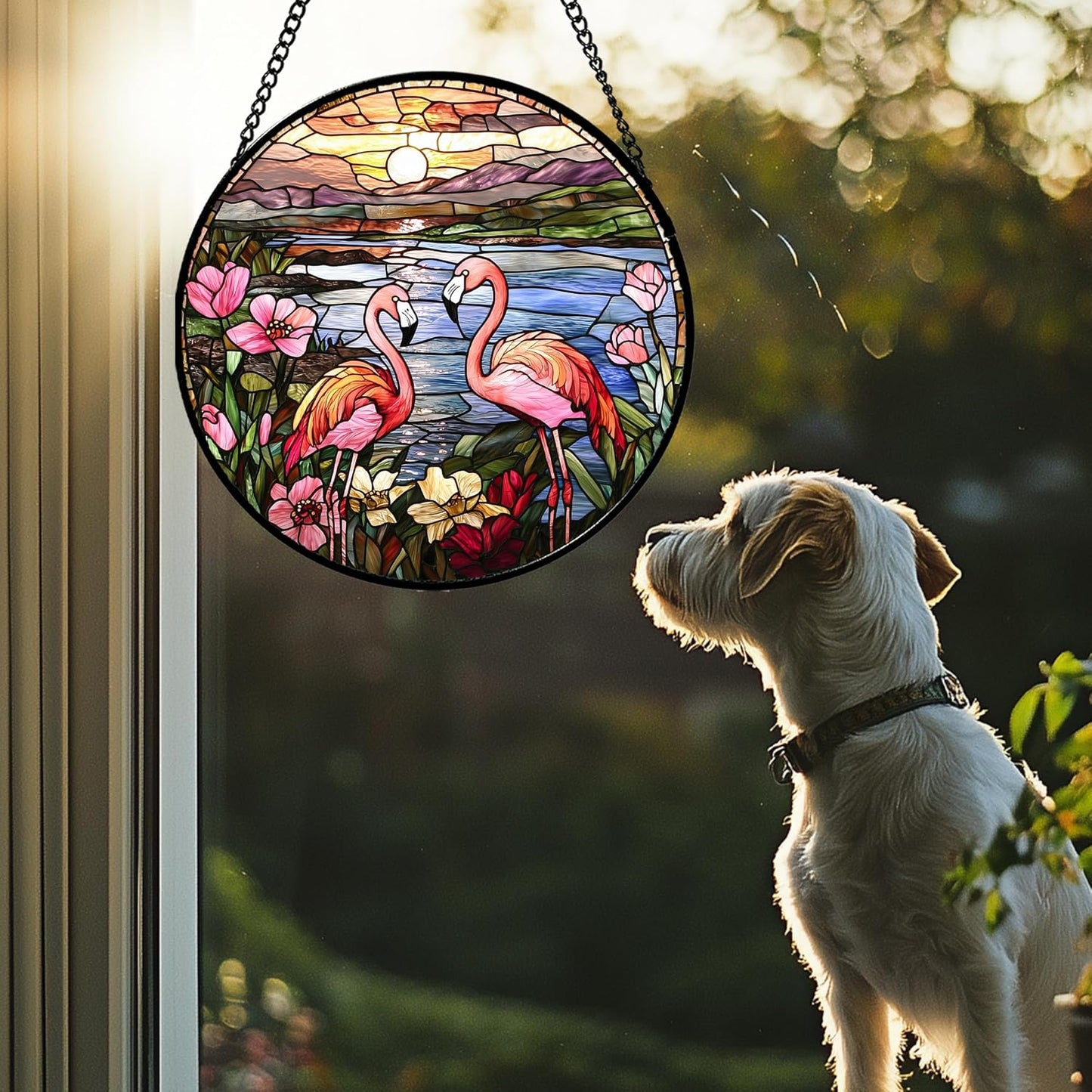 Stained Glass Window Hanging - Flamingo Wildflowers Landscape Suncatcher for Door Terrace Garden Home Decor Sunset Lake Sun Catcher Birthday Gifts for Lovers Women Men Dad Mom Nana 9.8 in