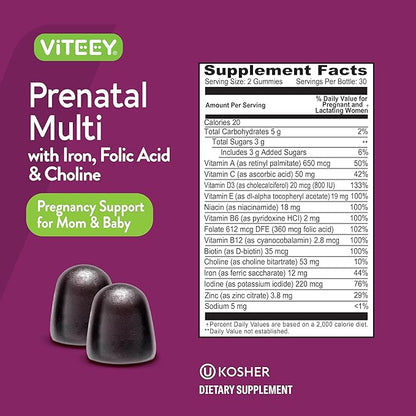 Viteey Prenatal Gummies for Women - Prenatal with Iron for Pregnancy with Choline & Folic Acid Gummies - Vegetarian, Gluten Free - 60 Count