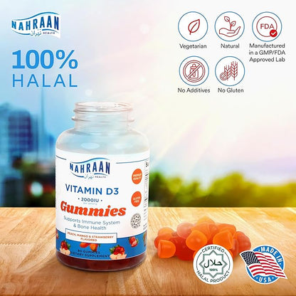 Halal Vitamin D3 2000 IU Gummies – Supports Immune, Bone & Muscle Health, Gelatin-Free, Vegetarian, Natural Fruit Flavor – 90 Count