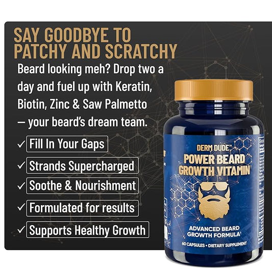 Derm Dude Power Beard Growth Vitamins for Men | With Biotin 10K MCG, Zinc B12 Saw Palmetto & Keratin for Healthier Thicker Fuller & Stronger Facial Hair | Restore Hair Breakage & Thinning, 60 Capsules