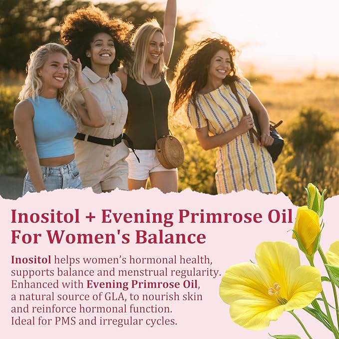 Inositol Gummies with Evening Primrose Oil for Women - 40:1 Ratio Myo-Inositol 2000mg & D-Chiro Inositol 50mg with Vit D3 B6 B12 & Zinc, Sugar-Free for Female Natural Balance & Wellness, Vegan (60ct)
