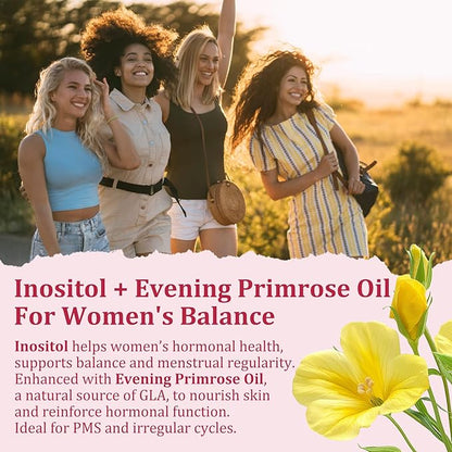 Inositol Gummies with Evening Primrose Oil for Women - 40:1 Ratio Myo-Inositol 2000mg & D-Chiro Inositol 50mg with Vit D3 B6 B12 & Zinc, Sugar-Free for Female Natural Balance & Wellness, Vegan (60ct)