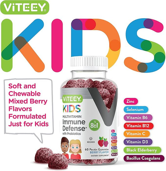 Viteey Kids Multivitamin Gummies with Probiotics - 8-1 Kids Vitamins for Immune Health Support with Vitamin C, D3, B12, B6, Zinc, Elderberry, Selenium - Vegetarian - Chewable Tasty Berry Flavored