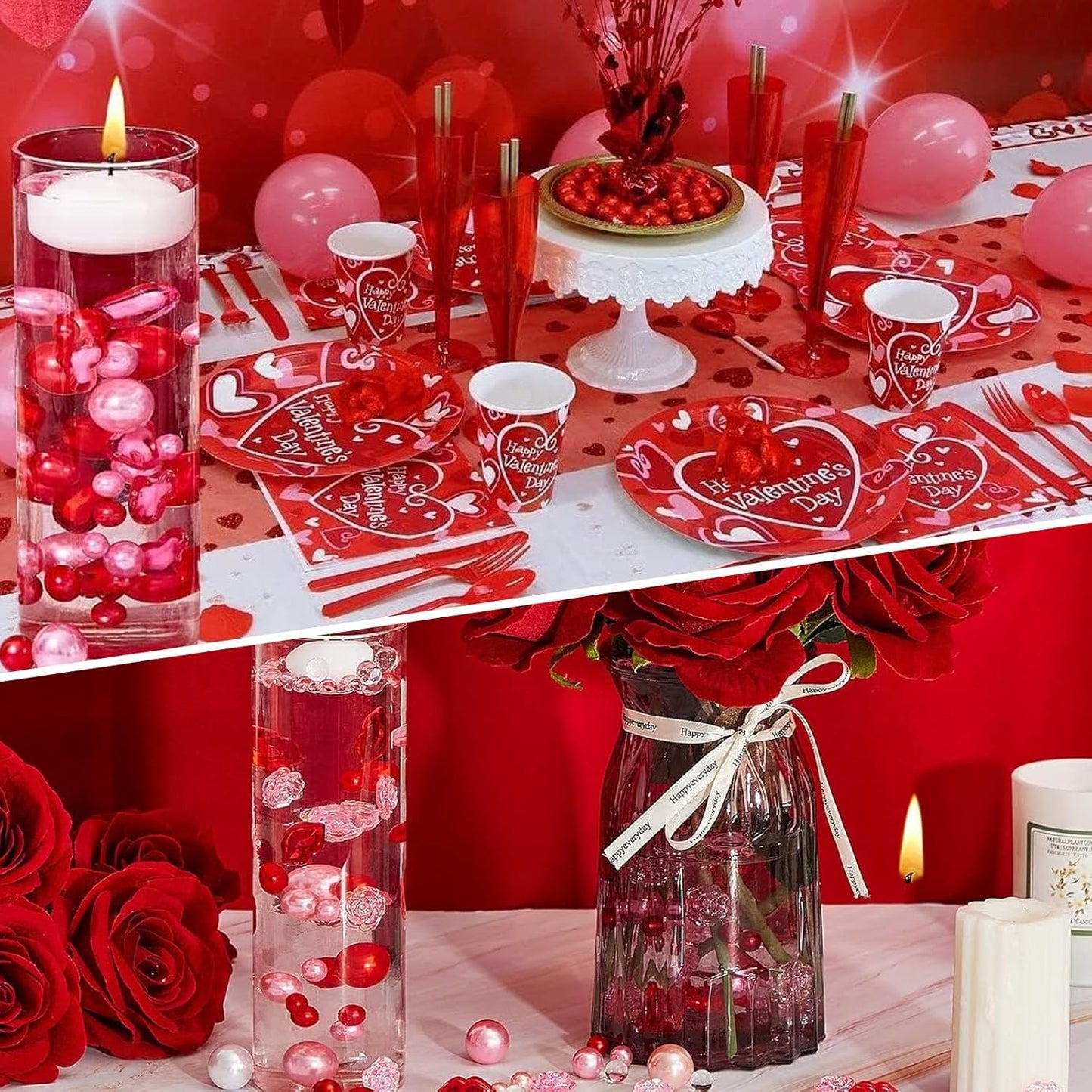 100PCS Red Pink Faux Pearls Beads for Centerpiece Vases, Vase Filler Faux Pearls, No Holes Filler Beads for Party Anniversary Valentine's Day Table Decor, 14/20/30mm