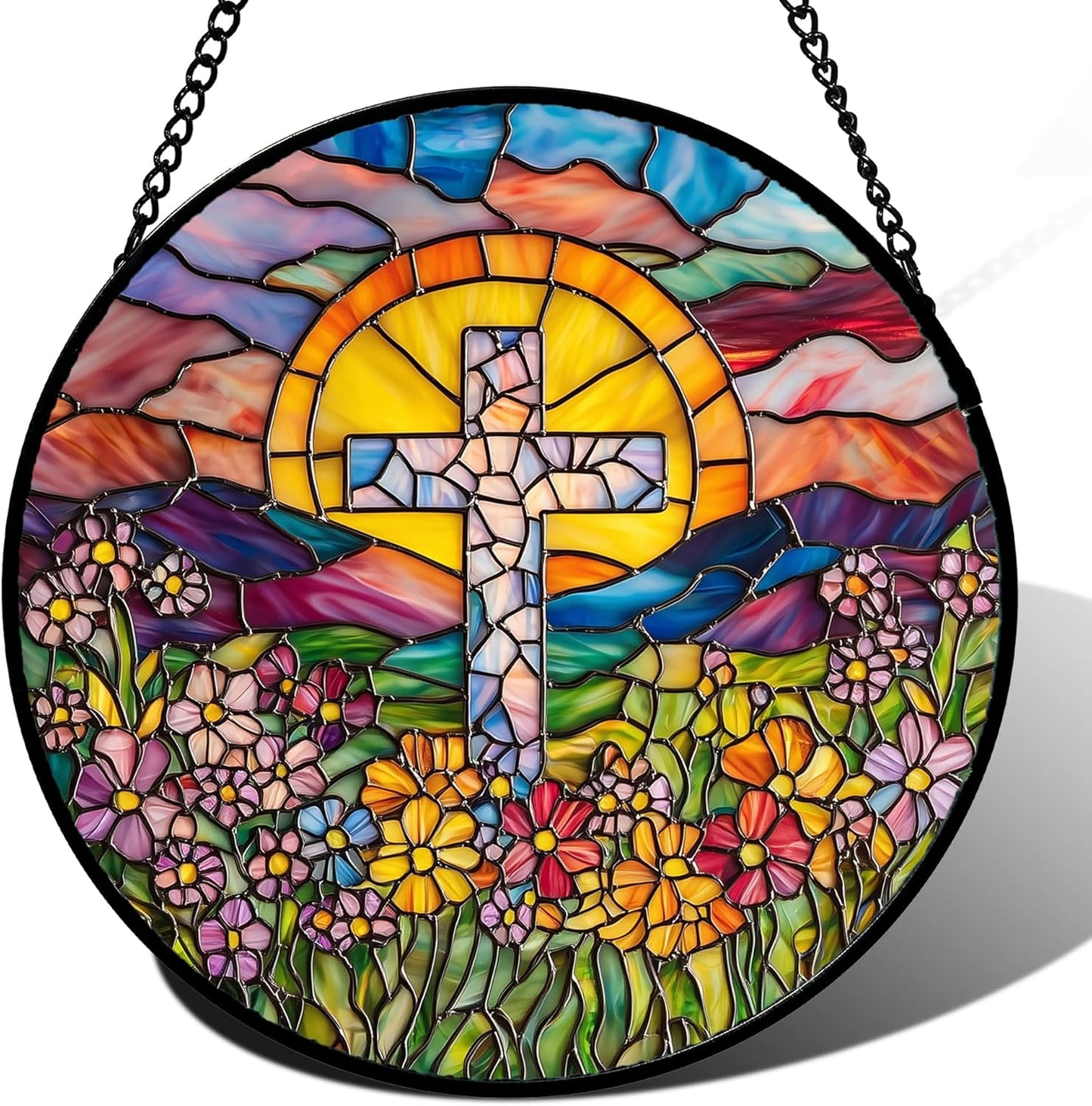 Stained Glass Window Hanging - Cross Flower Sea Sun Catcher for Door Terrace Garden Home Decor, Mountains Landscape Suncatcher Birthday Gifts for Lovers Women Men Dad Mom Nana 6.3 in