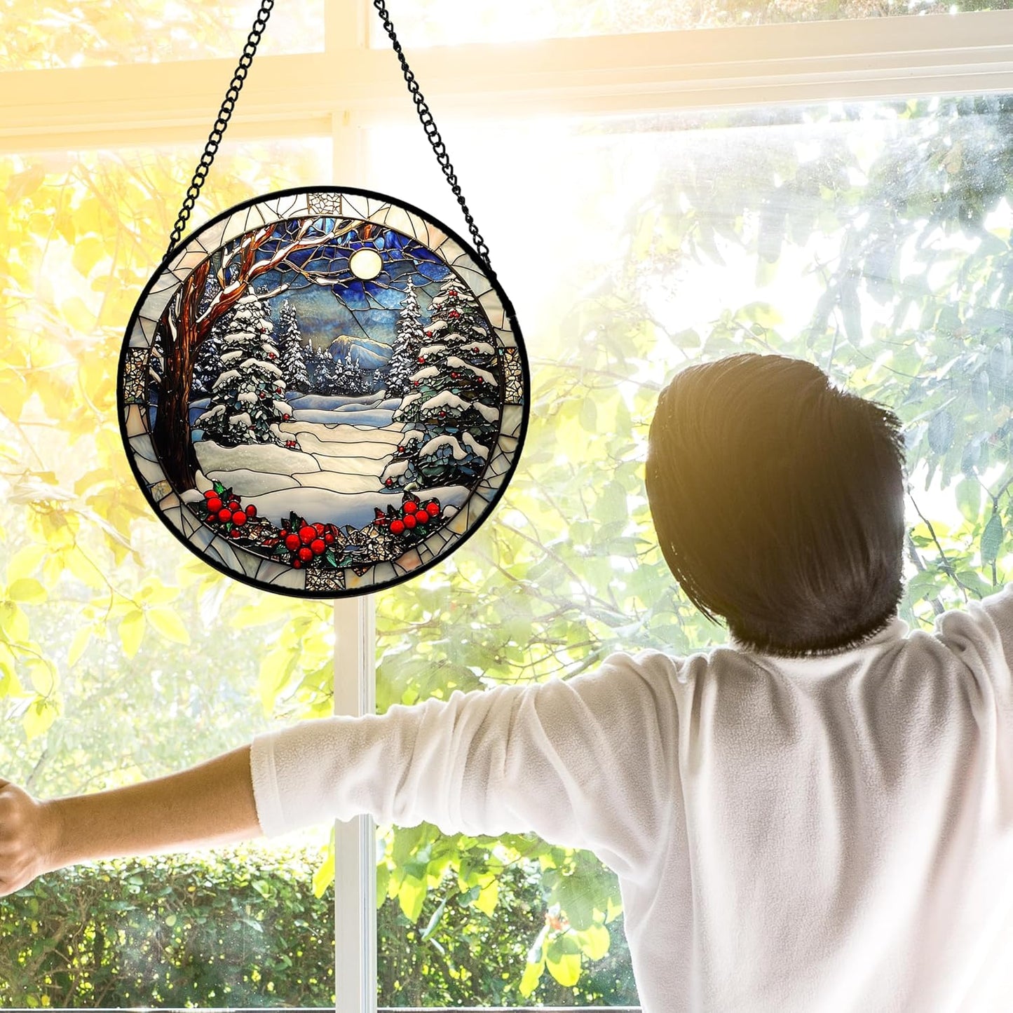 Stained Glass Window Hanging Christmas Tree Winter Snow Night Scenery Large 11.8" - Suncatcher Door Garden Kitchen Sun Catcher Home Decor Birthday for Mom Men Woman Friend