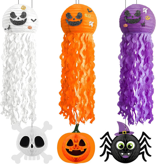 KatchOn, Halloween Paper Lanterns & Honeycomb Set – Pack 6 | Hanging Halloween Decorations Indoor, Outdoor | Paper Jack o Lantern Decor | Spooky Halloween Decorations