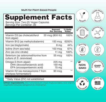 Wholier Plant Based Multivitamin Vegan Omega-3 DHA EPA, Vitamin D, Vitamin B12, Zinc, Vitamin K2, Iron, Iodine, Selenium. 60 Count (30-Day Supply) Glass Bottle