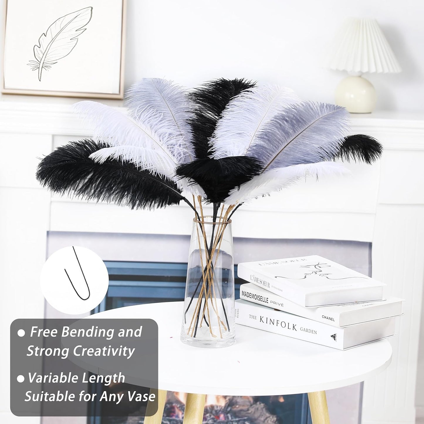 Holmgren Black White Grey Ostrich Feathers - 20pcs Making Kit 22 Inch Ostrich Feathers Bulk for Vase, Floral Arrangement, Wedding Party Centerpieces and Home Decorations