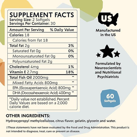 Omega-3 Supplement by PYM for Mood and Emotional Support (60 Count) | Omega-3 Fatty Acids, DHA, EPA & Vitamin E | Non-GMO, Gluten-Free, No Added Sugar