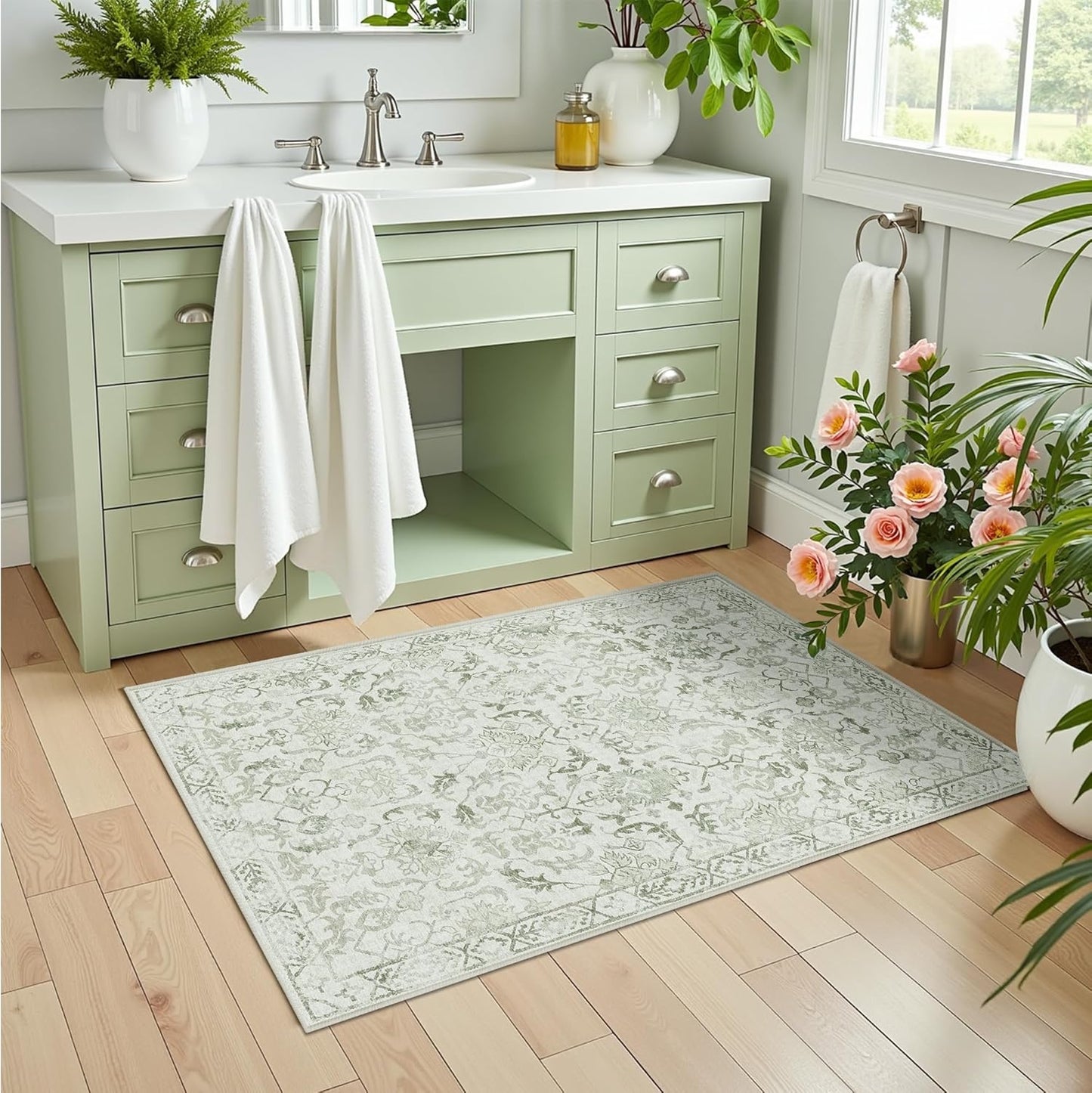 Sage Small Area Rug 2x3 Throw Rug for Entryway Bathroom Kitchen, Non-Slip Low-Pile Washable Distressed Modern Boho Floor Carpet for Laundry Room, Indoor Washstand Vanity Front Mat 24x36 Inch