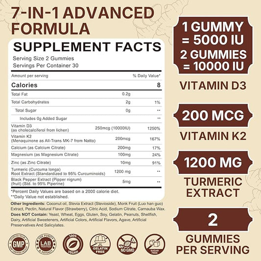 Vitamin D3 K2 Gummies & Turmeric for Women & Men, Vitamin D3 5000IU / 10000IU, K2 (MK-7) 200mcg Supplements with Turmeric 1200mg, Calcium, Magnesium, Zinc, Supports Bone, Teeth, Muscle & Immune, 2PACK