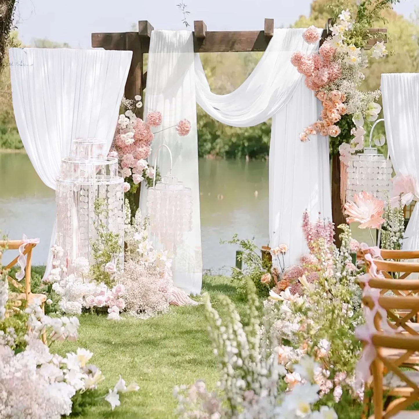 VOK White Wedding Arch Draping Fabric Chiffon Fabric, 29in x 18Ft 2 Panels Sheer Chiffon Outdoor Curtain for Wedding Ceremony Birthday Party Decoration (White,2 Panel)