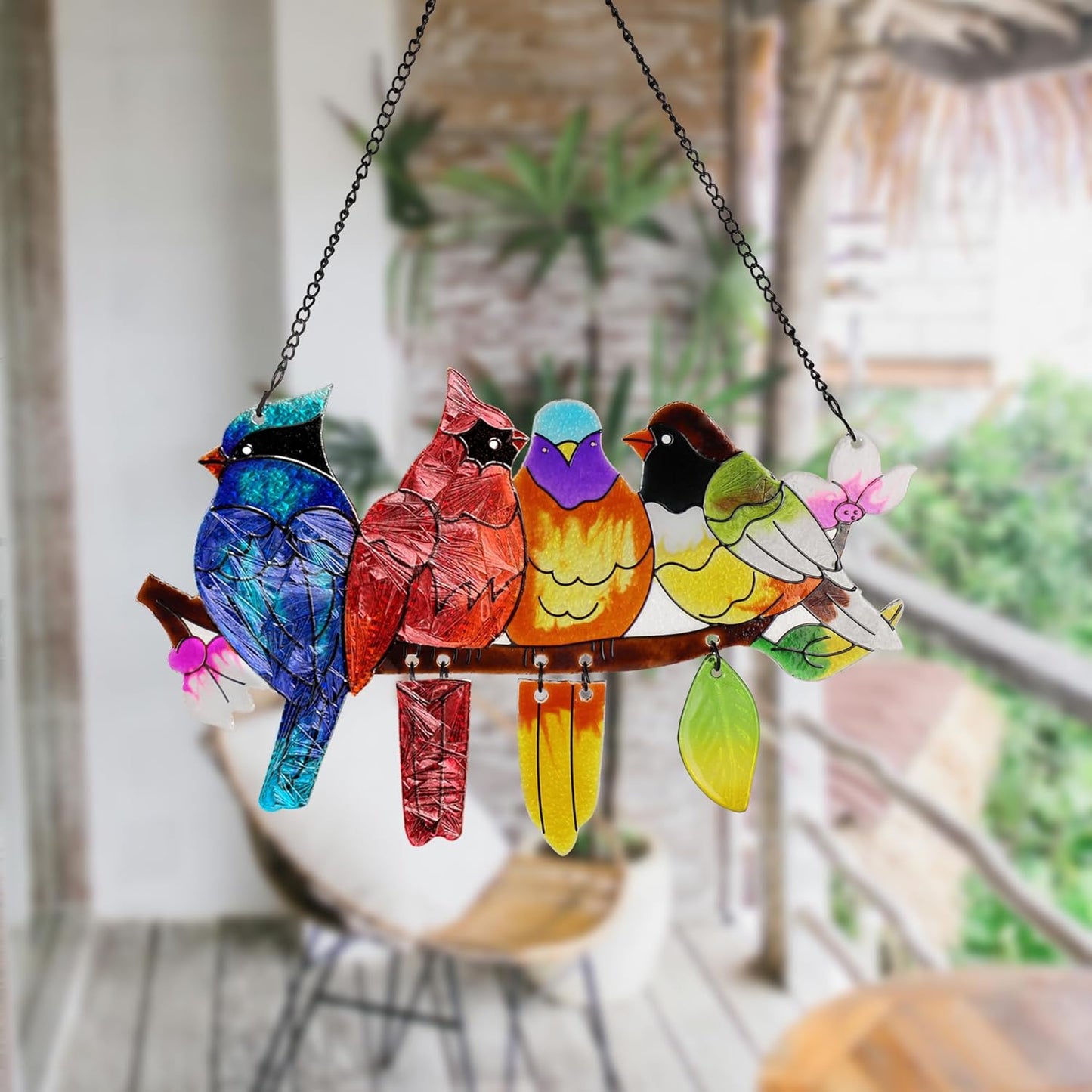 Stained Glass Window Hanging, Birds on A Branch Stain Glass Suncatcher, Hand-Painted Sun Catchers Indoor Window Decoration Bird Lover Gift for Mom, Grandma, Stocking Stuffers for Women