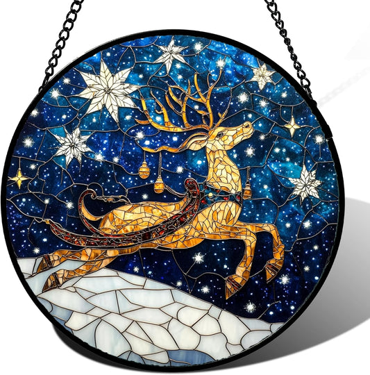 Stained Glass Window Hanging - Reindeer Blue Starry Sky Suncatcher for Doors Home Christmas Decoration Winter Sun Catcher Thanksgiving New Year Birthday Gifts for Women Men Mom Nana 6.3 in