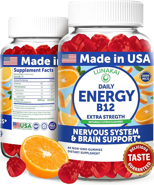 Lunakai Energy Gummies – USA Made Natural Energy Supplements – Vegan Vitamin B12 Gummies for Women & Men – Delicious Methyl B12 3000 mcg, 60ct