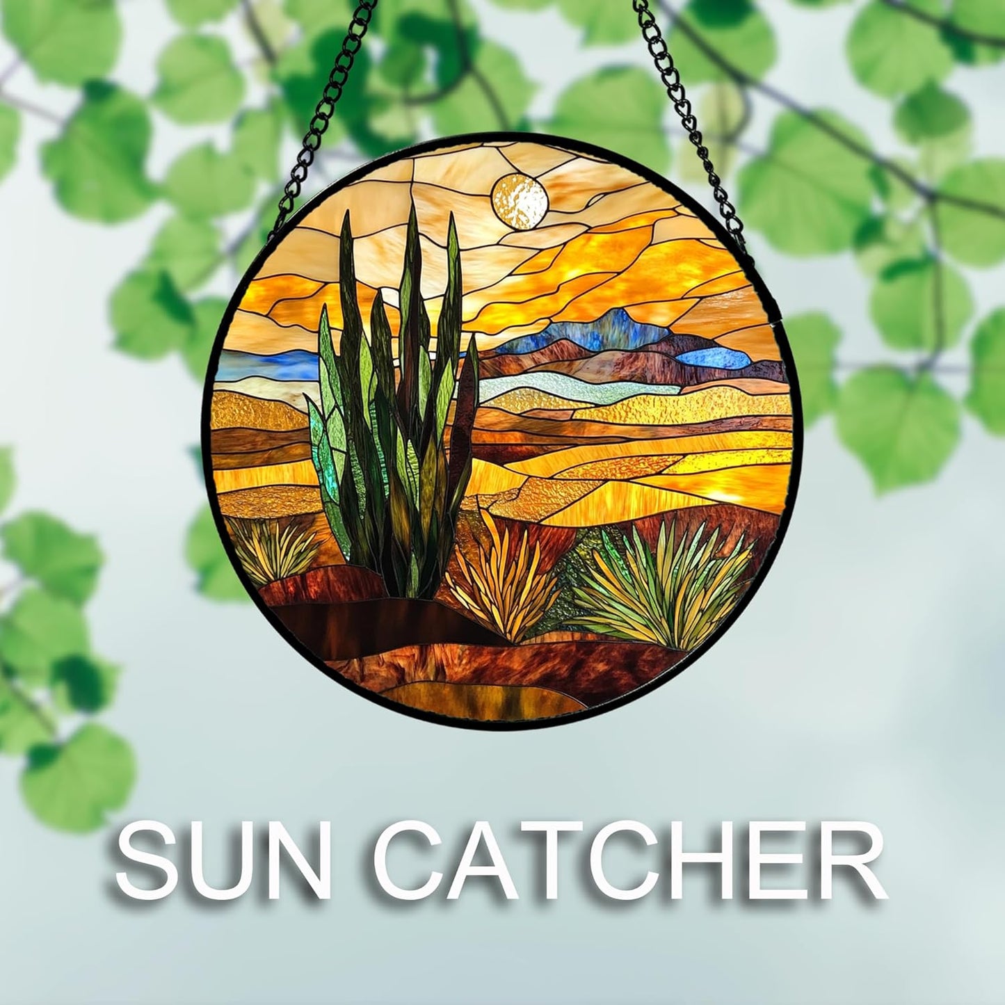 Stained Glass Window Hanging 4 Pcs Set Desert Sunset Theme Landscape 6.3" - Suncatcher Door Garden Sun Catcher Decor Birthday Christmas for Mom Woman Nana Men