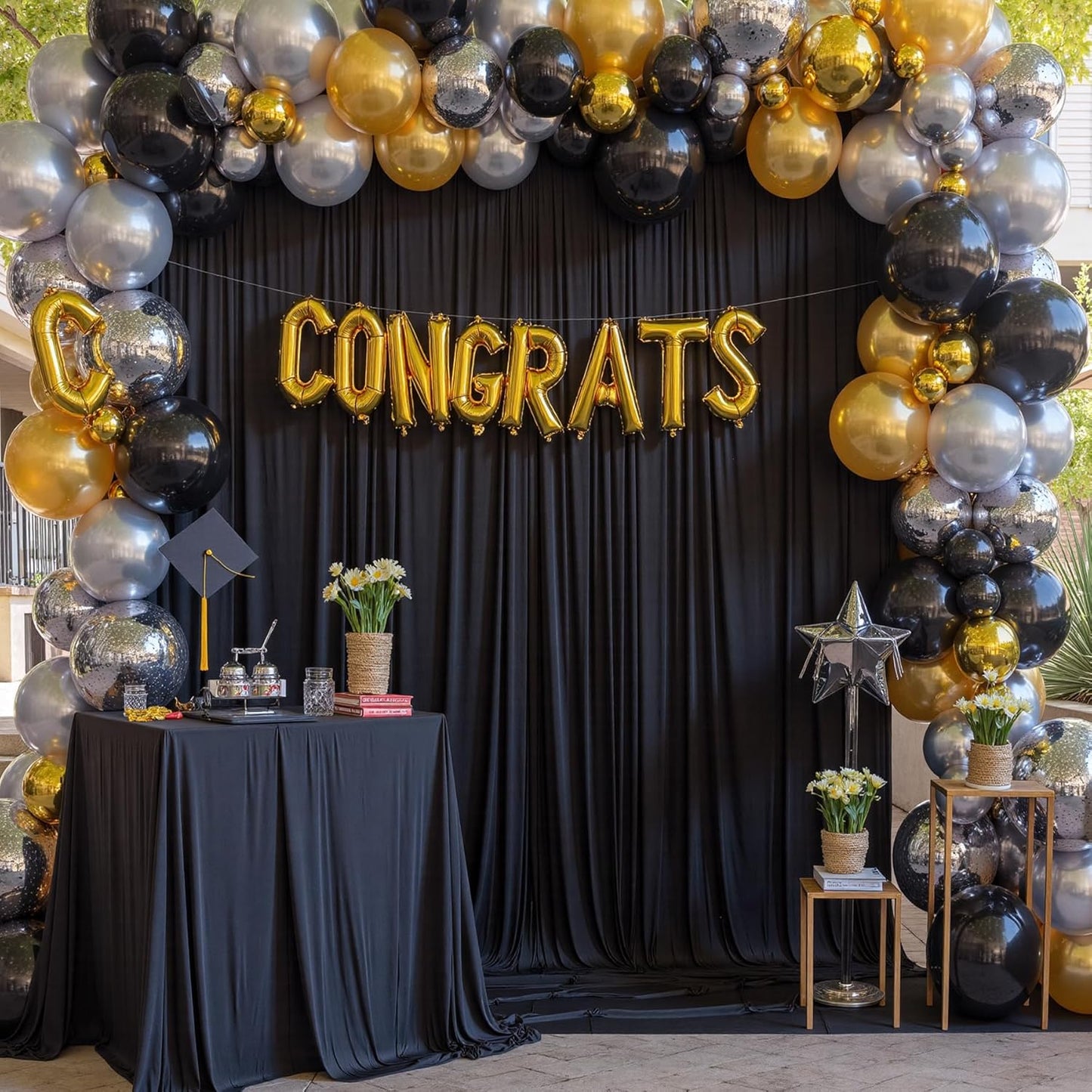 30ft x 15ft Black Wrinkle Free Backdrop Curtain for Parties, Silky Polyester Fabric Wedding Ceiling Drapes, 6 Panels 15ft Photo Back Drop Drapes for Baby Shower Photography Stage Background Cloth