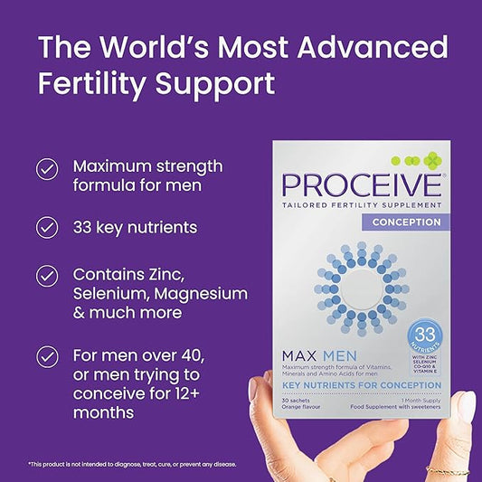 Proceive MAX Men- Fertility Supplement for Conception - Vitamins & Minerals for Men Trying to Conceive - Selenium, Zinc, Co Q10, Vitamin D - 30 Sachets (1 Month Supply) - Vegan