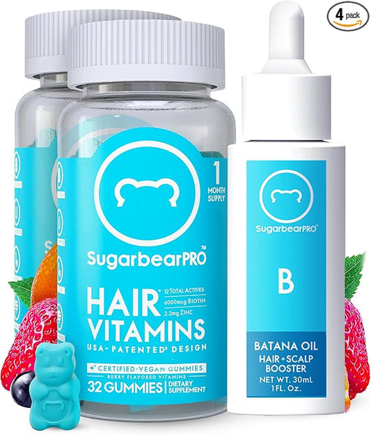 SugarBearPro Hair Vitamin Gummy 2 Month Supply & 1 Pure Batana Natural Hair Growth Oil-Extra Strength Biotin 6000mcg, Women, Men, Vegan Vitamin B12, MSM, Inositol, Elderberry, Kosher