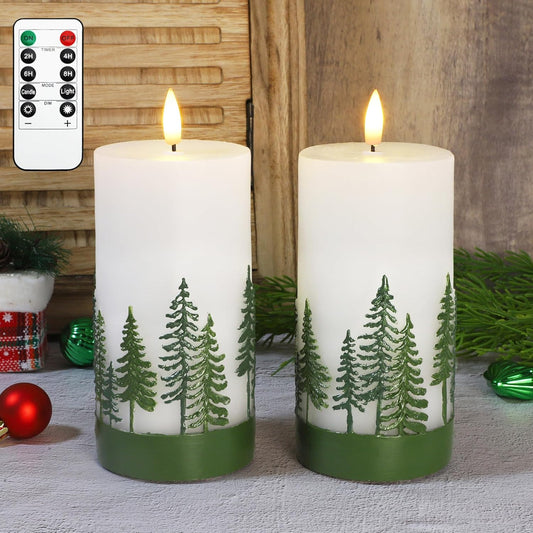 Silverstro Holiday Flameless Candles Green Hand Drawn Christmas Tree Design with Remote Control, Flickering Real Wax Christmas LED Candles - Home Party Bathroom Room Xmas Decorations - Set of 2