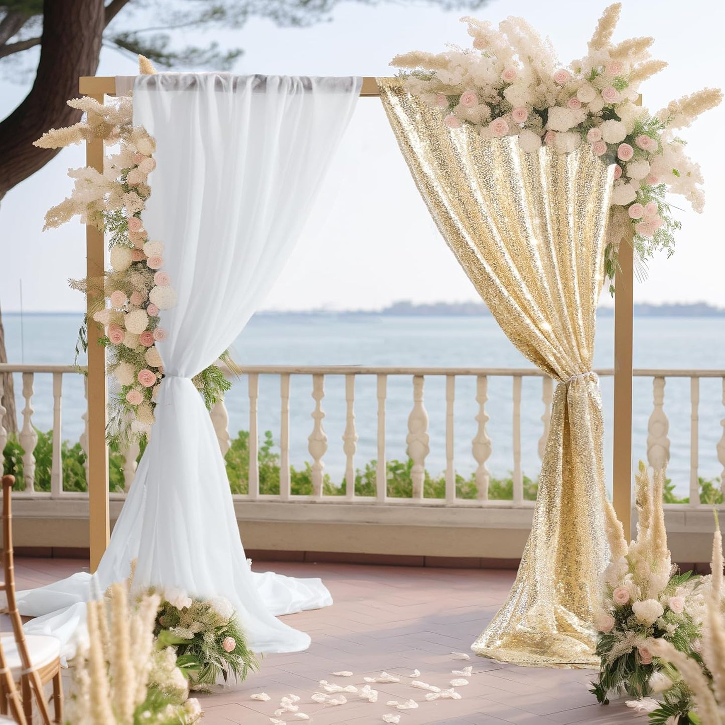 Wedding Arch Draping Fabric, 1 Panel 28" x19ft White Arch Drapes & 1 Panel 16" x19ft Champagne Sequin Fabric Drapes Arbor Backdrop Curtain for Wedding Arch Ceremony Bridal Shower Reception