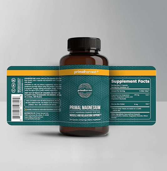 Magnesium Supplement Complex 310mg by Primal Harvest with Magnesium Glycinate, Citrate, Malate, and Zinc 120 Capsules