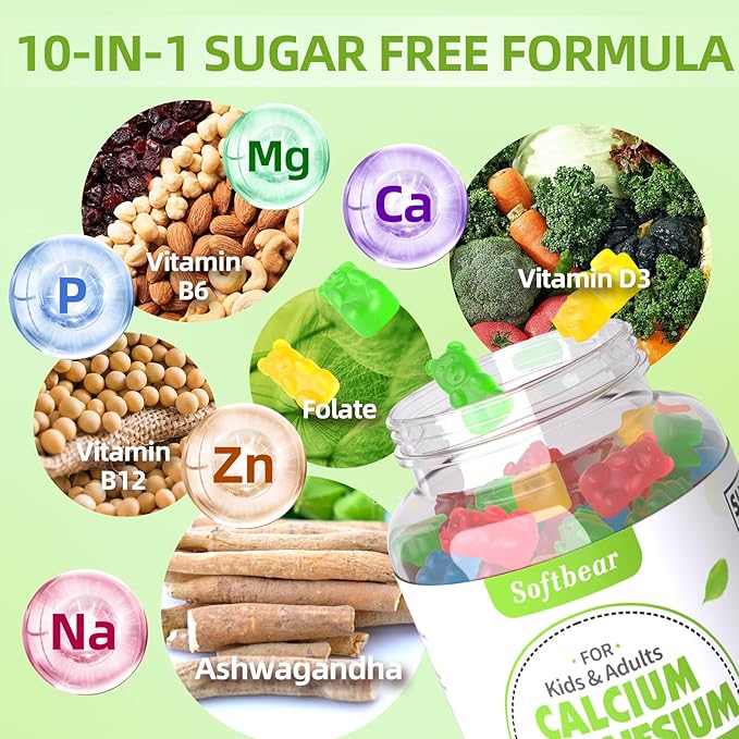 softbear Calcium Magnesium Zinc Gummies for Women, Calcium Magnesium Supplement Chewable Calcium 600 mg with Vitamin D3 for Bone Strength Vegan Mixed Fruit Flavor 60 Gummies
