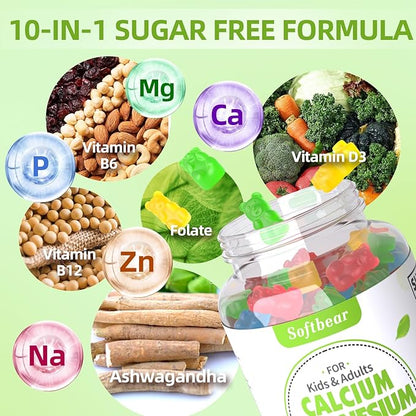 softbear Calcium Magnesium Zinc Gummies for Women, Calcium Magnesium Supplement Chewable Calcium 600 mg with Vitamin D3 for Bone Strength Vegan Mixed Fruit Flavor 60 Gummies